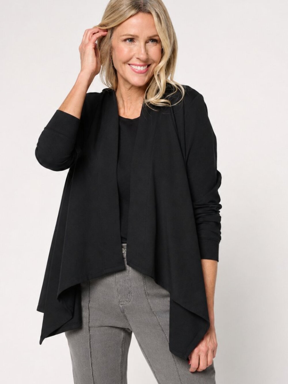 DENIM & CO Black Perfect Jersey Open Front Drape Cardigan Pockets XSP NWOT